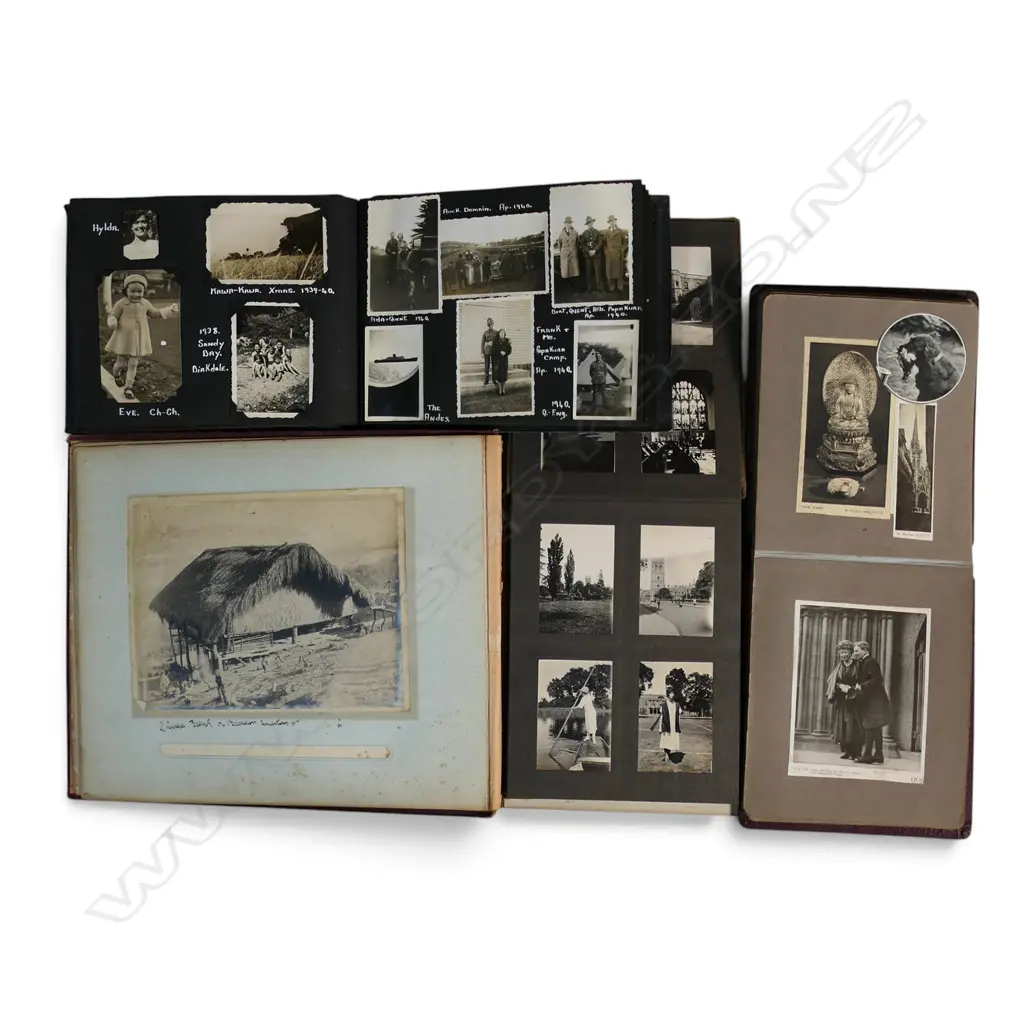 FOUR 1930-40s ALBUMS: 3 PHOTOGRAPH A+ 1 POSTCARD: Auckland + India + France & world travels + 1940 military e Image 1++